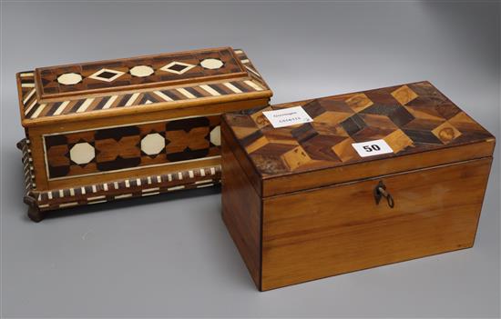 A specimen cube parquetry box and a marquetry box